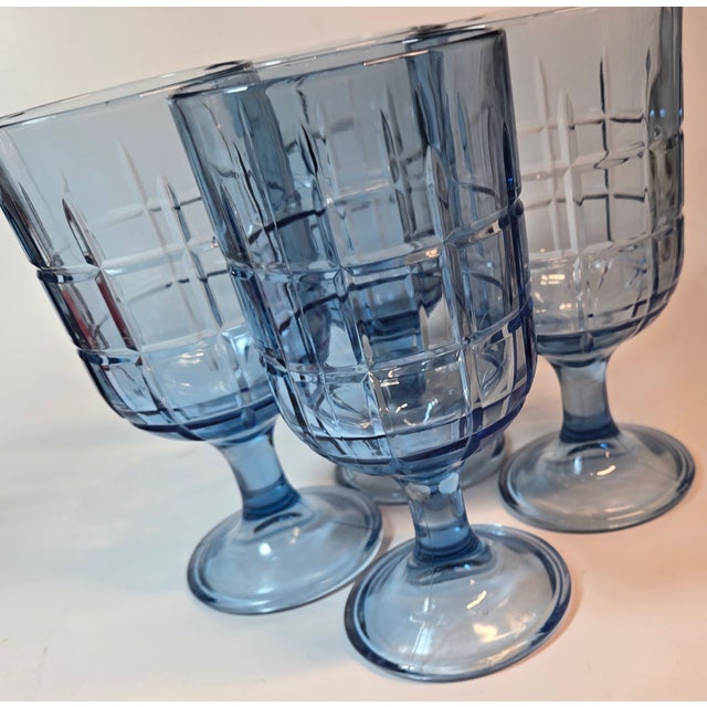 Glass Periwinkle Cut Windowpane Goblets- Set of Four For Sale - Image 7 of 11