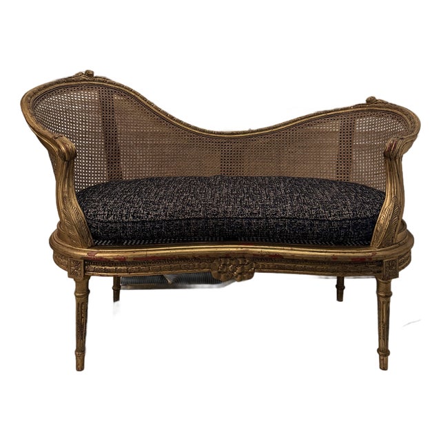 Antique French Late 19th Century Louis XVI-Style Giltwood Caned Settee For Sale