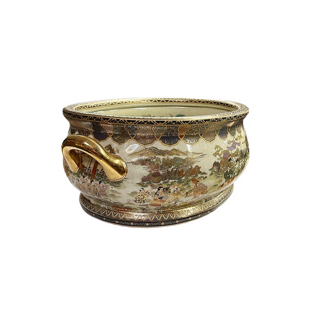 Asian Porcelain Oriental Golden Color Satsuma Graphic Oval Pot For Sale - Image 3 of 12
