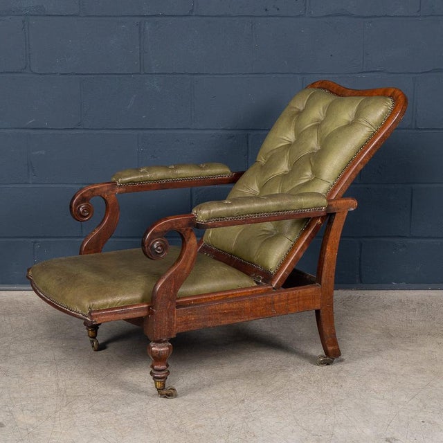 Antique English Mahogany Reclining Armchair with Green Leather Upholstery, 19th Century For Sale - Image 3 of 18