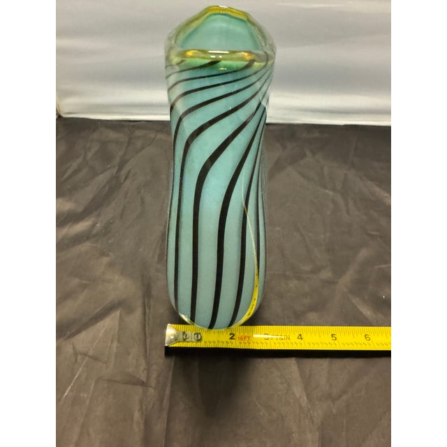 Signed Dustin Wagner Studio Blown Art Glass Psycho Zebra Vase Aqua Teal Black 8” For Sale - Image 10 of 12