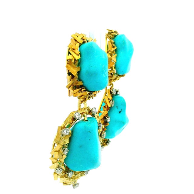 Italian Modernist Turquoise Diamond Textured Gold Earrings, Circa 1970s, A Pair For Sale - Image 4 of 12