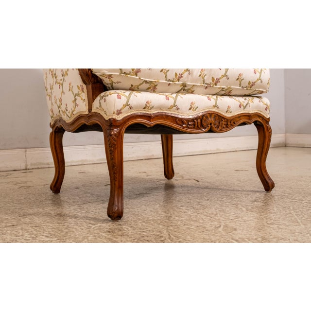 Pair Vintage French Louis XV Style Carved & Upholstered Bergere Chairs For Sale - Image 11 of 18