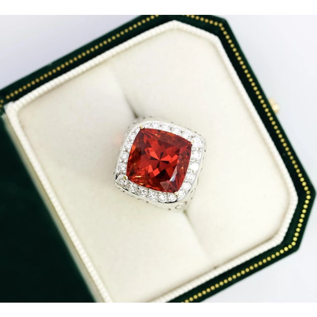 Metal Vintage Gia Certified Orange Spessartine Garnet & Diamond 18k White Gold Ring Size 6.5 For Sale - Image 7 of 9