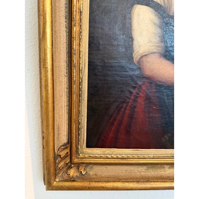 Mid 19th Century Antique 1868 Oil Portrait Young Woman European Lady Gilt Frame 19th Century For Sale - Image 5 of 12