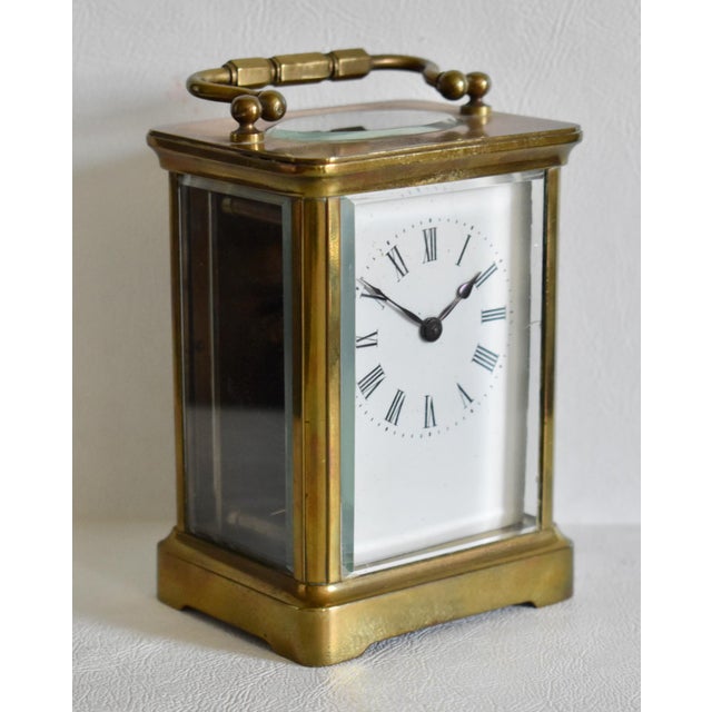 1980s Brass Corniche Carriage Clock Antique French Beveled Glass Mechanical For Sale - Image 5 of 15