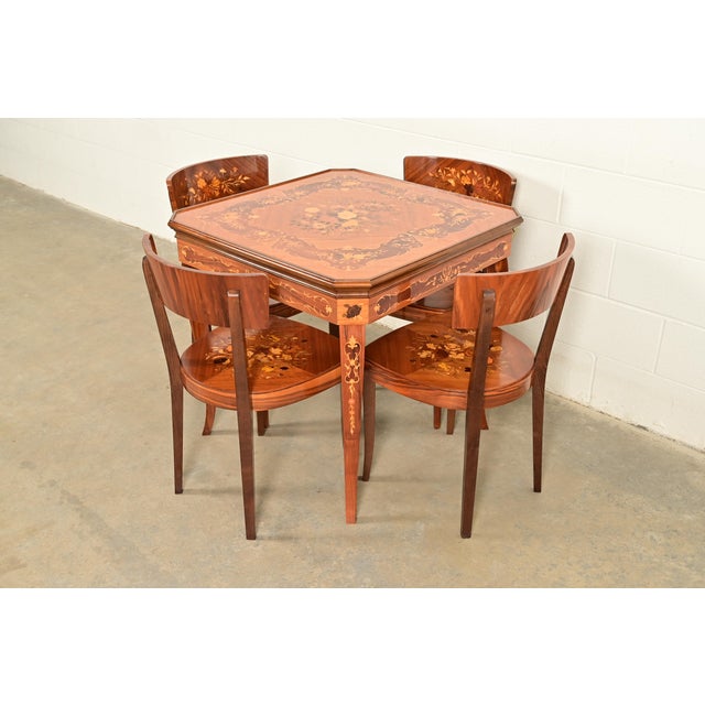 Italian Louis XVI Kingwood Inlaid Marquetry Flip Top Game Table With Four Chairs For Sale - Image 15 of 15