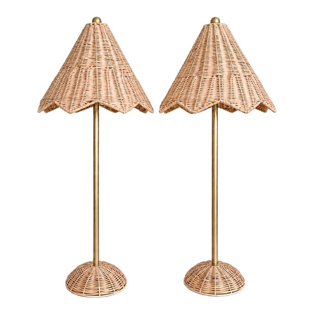 Coastal Lillian August Parasol Rattan Table Lamps With Scalloped Shades — A Pair For Sale