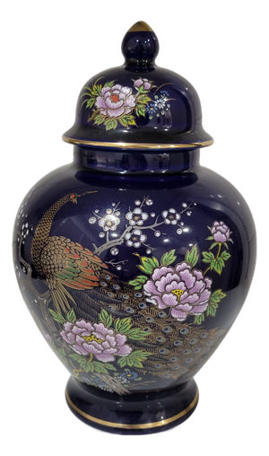 Vintage Japanese Cobalt Blue Peacock Floral Gold Trim Ginger Jar