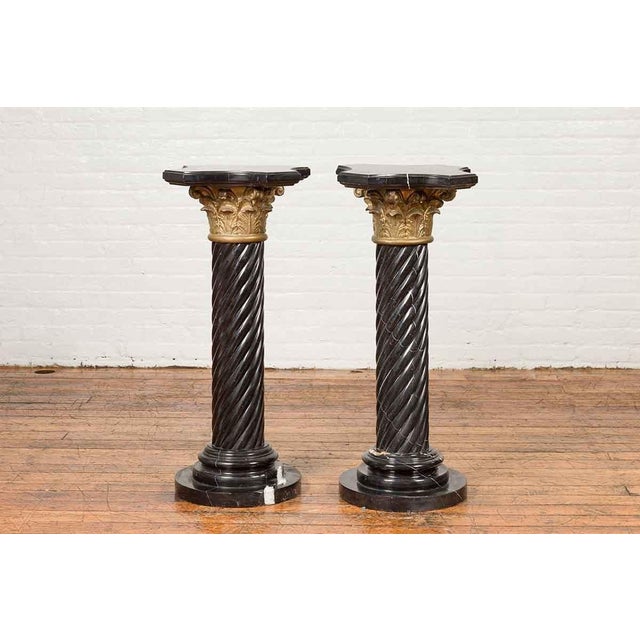 Pair of Black Carrara Marble Twisted Pedestals with Bronze Corinthian Capitals For Sale - Image 11 of 15