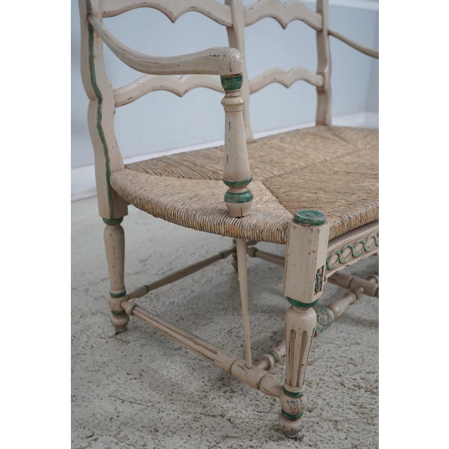 Textile Country French Paint Decorated Rush Seat Settee For Sale - Image 7 of 12