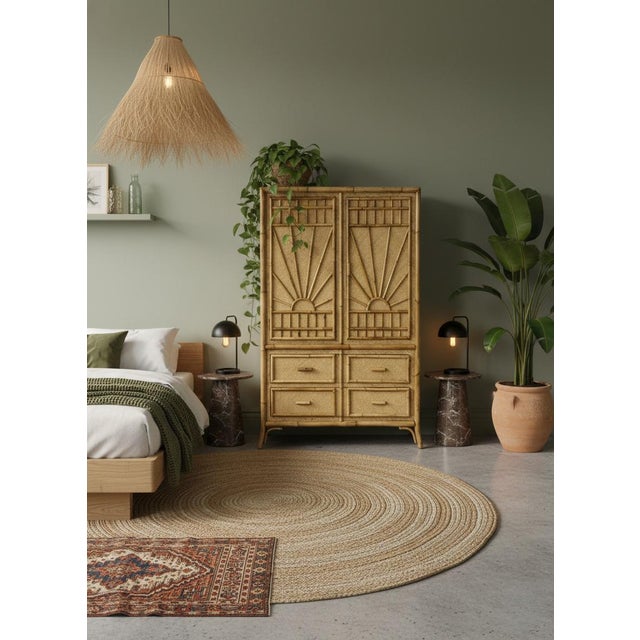 1970s Coastal Sunburst Cabinet or Tall Chest W/ Bamboo Chippendale Style Fretwork For Sale - Image 4 of 6