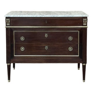 Antique French Louis XVI Mahogany Commode With Carrara Marble For Sale