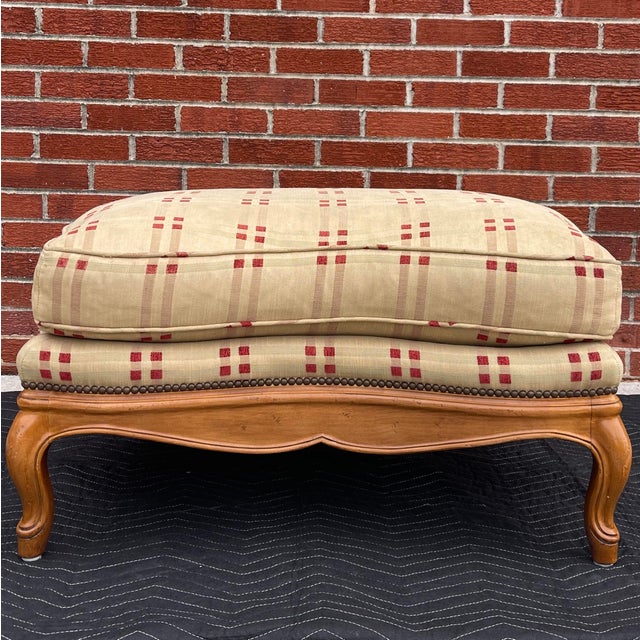 Late 20th Century Vintage Baker Furniture French Country Ottoman in Tan & Fruitwood For Sale - Image 5 of 12