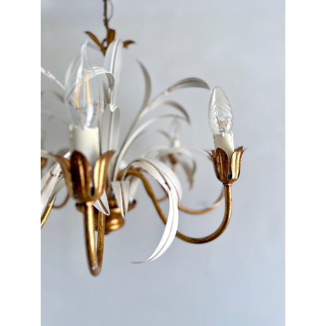Gold Italian Masca White Tole and Gilt Metal 8-Light Chandelier, 1970s For Sale - Image 8 of 18