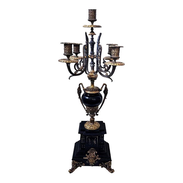 Antique Italian Neoclassical Gilt Bronze & Solid Black Marble Candelabra – Brevettato For Sale