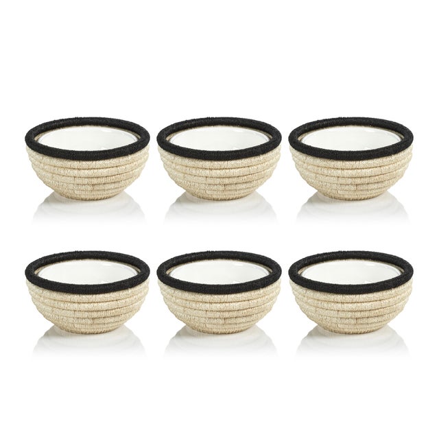 2020s Matera 6.25"Coiled Abaca Condiment Bowls, Set of 6, Black For Sale - Image 5 of 5
