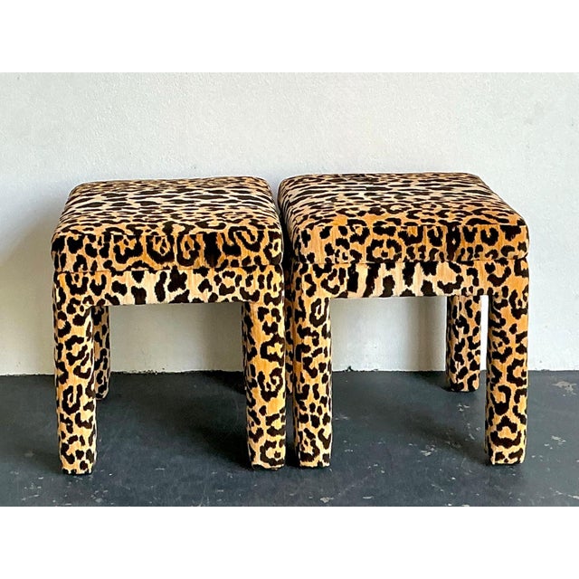 Vintage Leopard Velvet Upholstered Stools - Set of 2 For Sale - Image 4 of 17