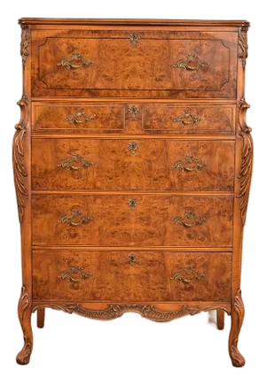 Romweber French Provincial Louis XV Burl Wood Highboy Dresser, Circa 1920s