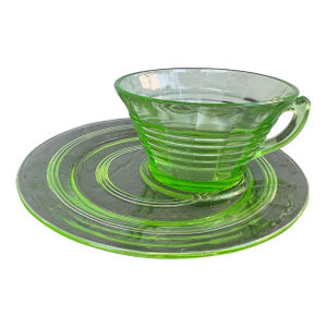 Vintage Anchor Hocking Uranium Glass Cup & Saucer Set – Circle Green Pattern, Art Deco Depression Era