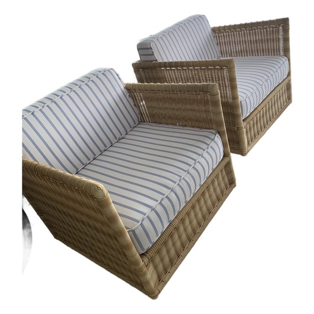 Pacifica Swivel Chairs From Serena and Lily in Rattan With Blue and White Striped Cushions For Sale