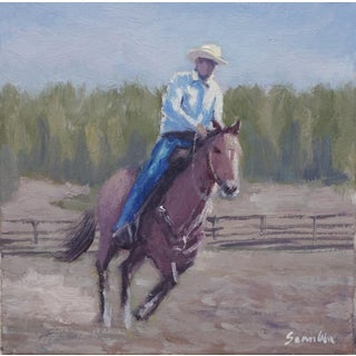 Sean Wu Original Oil Painting, Cowboy Riding a Horse on the Field For Sale