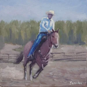 Sean Wu Original Oil Painting, Cowboy Riding a Horse on the Field