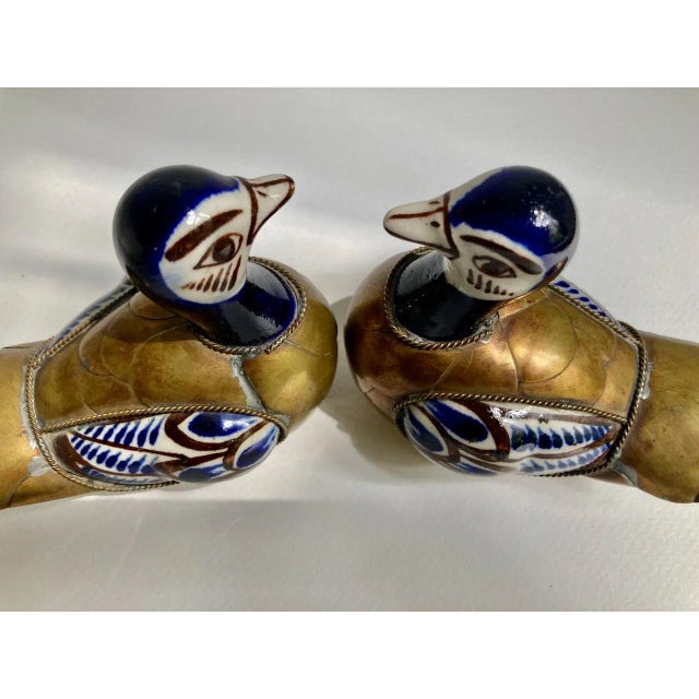 Mid 20th Century 1970s Mexican Folk Art Brass and Ceramic Ducks - a Pair For Sale - Image 5 of 13