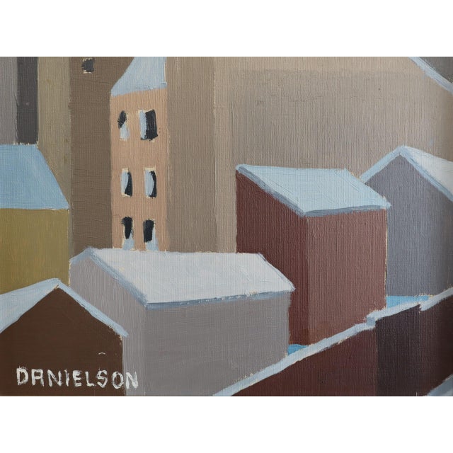 Mid-Century Modern 'Winter Rooftops' Vintage Swedish Abstract Cityscape Oil Painting, Framed For Sale - Image 9 of 11