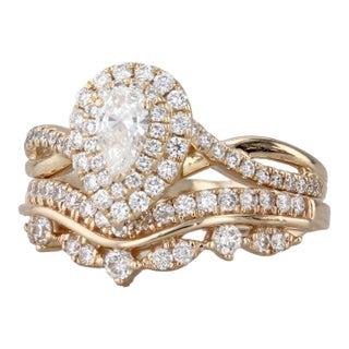 0.65ctw Pear Diamond Halo Engagement Ring Wedding Band Bridal Set 14k Gold, Size 4.5 For Sale