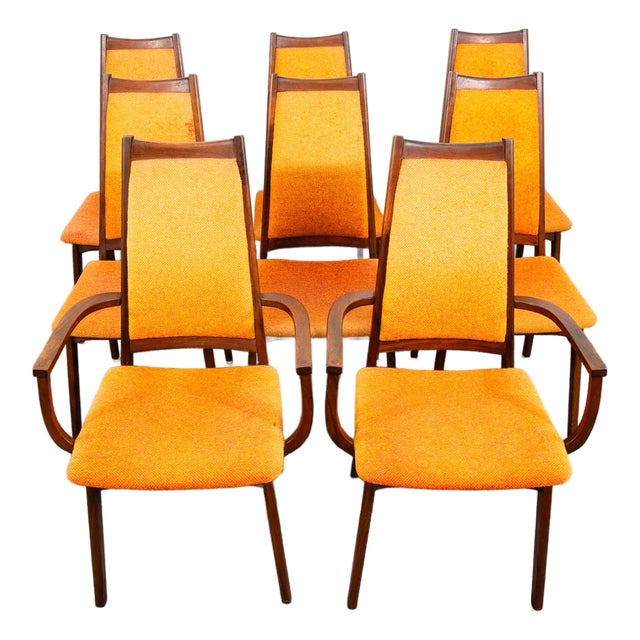 Mid Century Modern Dining Chairs Set 8 Armchairs Orange Solid Walnut MCM Captain For Sale