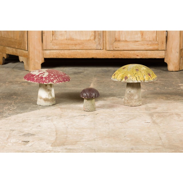White Set of Three American Midcentury Painted Concrete Mushroom Garden Ornaments For Sale - Image 8 of 12