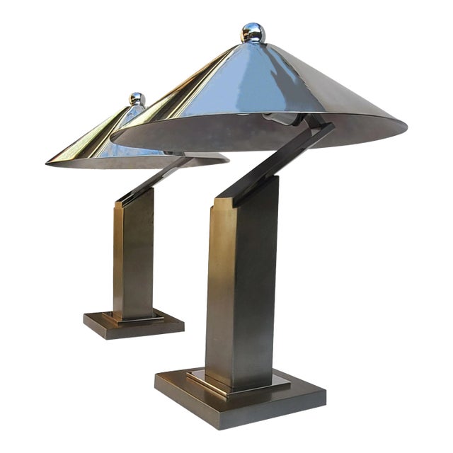 Restored Pair of Formidable Steel Table "Arquitectura" Table Lamps With Original Finials by Sergio Orozco for Brueton For Sale
