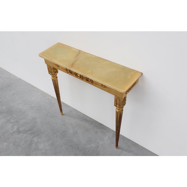 Louis XVI Style Gilt Wall Console with Onyx Marble Top, Italy, 1950s For Sale - Image 3 of 12