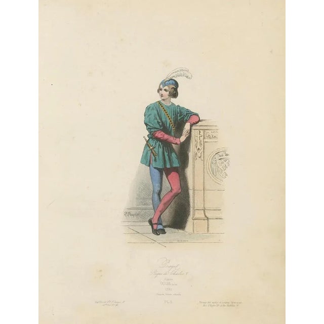 Antique French Costume Print of Medieval Page Boy, Hand-Colored, 19th Century For Sale - Image 5 of 10