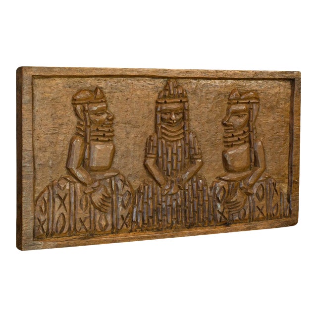 1950s Tribal Scene Hand Carved Wooden Plaque For Sale
