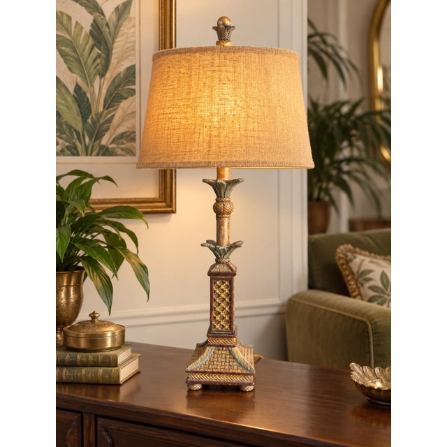 English Vintage Tropical Hollywood Regency Pineapple & Palm Leaf Table Lamp With Burlap Shade For Sale - Image 3 of 6