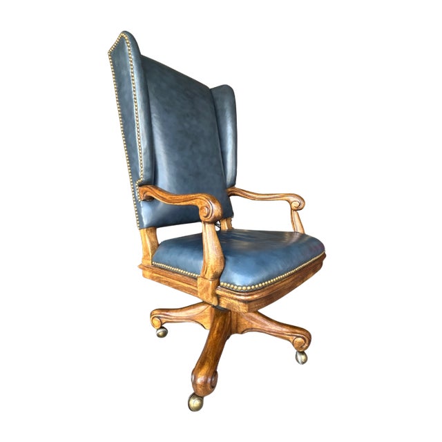 Vintage Drexel Heritage Navy Leather Executive Office Chair For Sale - Image 9 of 11