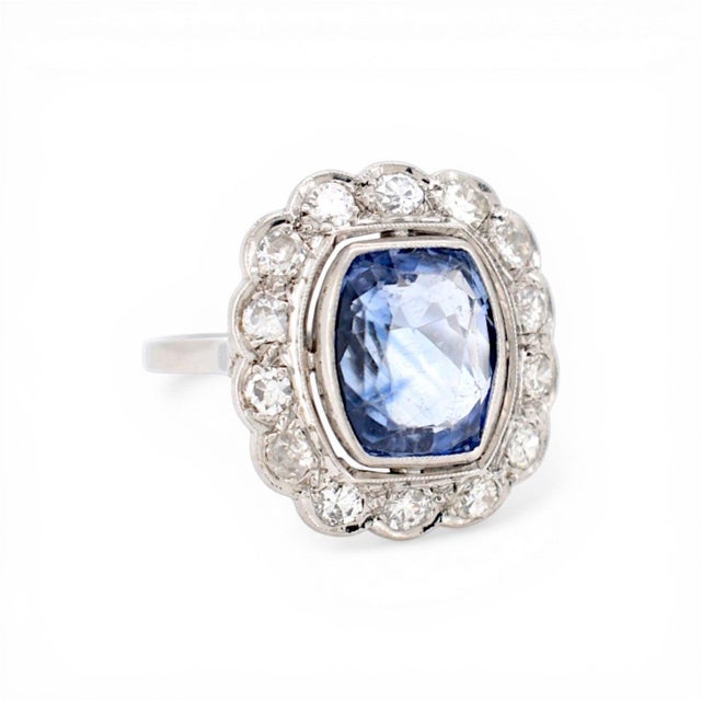 Art Deco Art Deco Platinum Pompadour Ring - 4ct Unheated Ceylon Sapphire & Diamonds, Size 7.25 For Sale - Image 3 of 7