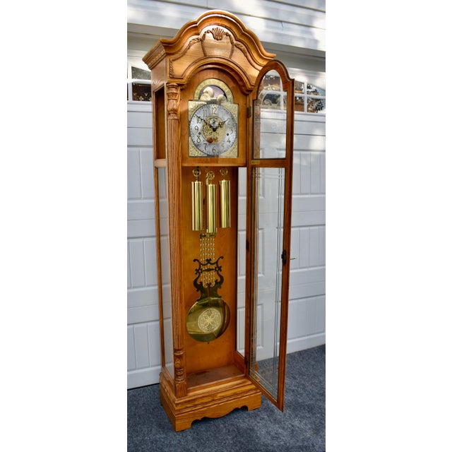 Howard Miller Oak Grandfather Clock Moon Dial Triple Chime Floor Tall Case For Sale - Image 14 of 17