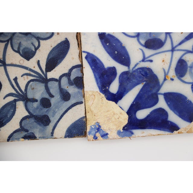 17th Century Portuguese Blue & White Floral Set of Two Tiles For Sale - Image 4 of 9