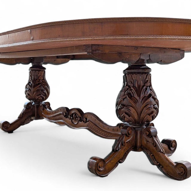 Brown Antique Renaissance Revival Marquetry Walnut Oval Dining Table, Late 19th Century For Sale - Image 8 of 18
