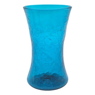 MCM Blenko Wayne Husted 5519-S Teal Blue Crackle Sheaf Vase 9" For Sale