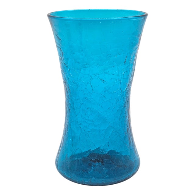MCM Blenko Wayne Husted 5519-S Teal Blue Crackle Sheaf Vase 9" For Sale