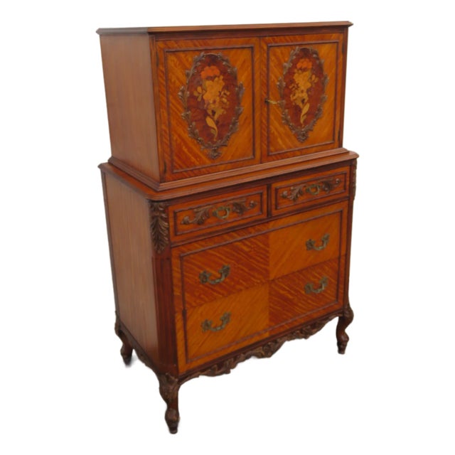 French Early 1900s Johnson Furniture Carved Inlay Tall Chest of Drawers For Sale