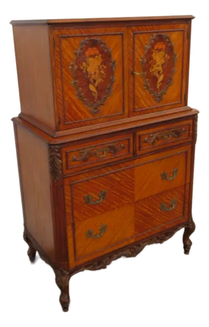 French Early 1900s Johnson Furniture Carved Inlay Tall Chest of Drawers