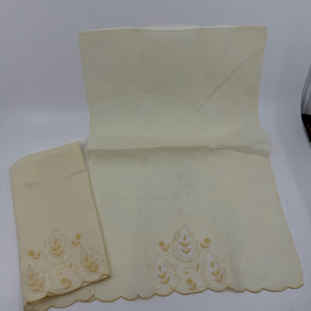 Pair Vintage Embroidered Pale Yellow Madeira Linen & Organza Fingertip Towels For Sale - Image 12 of 15