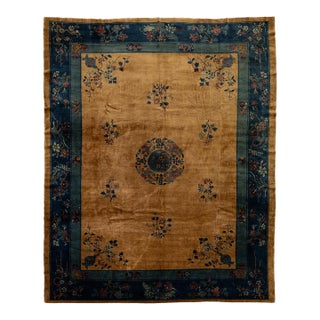 Antique Chinese Art Deco Wool Rug With Medallion and Indigo Floral Borders 9x11 For Sale