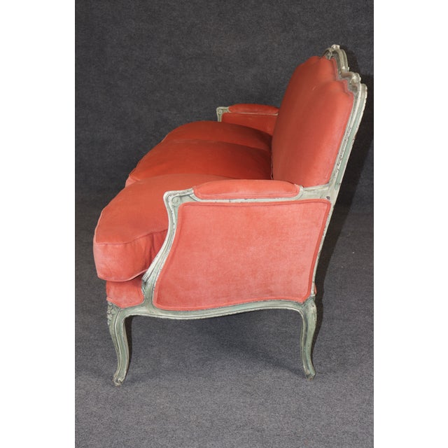 Late 20th Century Antique French Louis XV Style Distressed Paint Decorated and Carved Sofa For Sale - Image 5 of 13