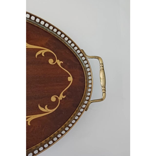 Mid 20th Century Mid 20th Century Italian Marquetry Wood Inlay Oval Serving Tray With Brass Gallery Rail & Handles For Sale - Image 5 of 8